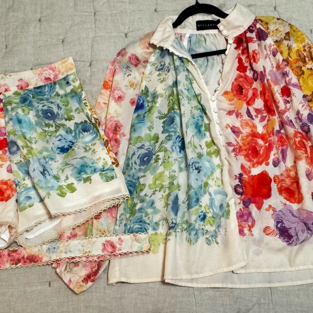 Floral Multicolor Blouse and Scarf Set